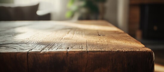 Poster - Rustic wooden table surface with soft blurred background perfect for cozy dining or interior design inspiration and decor themes