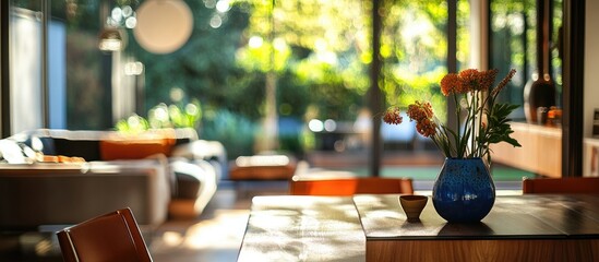 Poster - Eclectic interior design featuring a blurred background with vibrant colors and shapes enhancing a serene and inviting atmosphere.