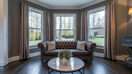 Poster - Elegant sitting area with leather loveseat marble coffee table dark hardwood floors and bay windows adorned with custom curtains