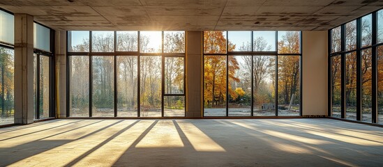 Poster - Modern ground floor space with panoramic windows showcasing natural light perfect for lobby lounge home renovation or interior design projects