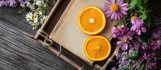 Poster - Vintage book cover design showcasing a rustic arrangement of vibrant flowers and orange slices on a wooden plank with bamboo tray elements.