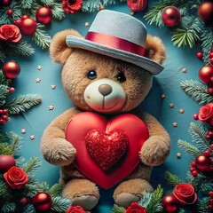 Canvas Print - Cute Teddy Bear with Heart Valentine on festive background