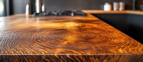 Poster - Rustic wood countertop showcasing intricate grain patterns in a softly blurred modern kitchen setting ideal for interior design visuals