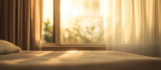 Poster - Serene blurred bedroom interior design with warm light and soft curtains creating an elegant and tranquil atmosphere for relaxation