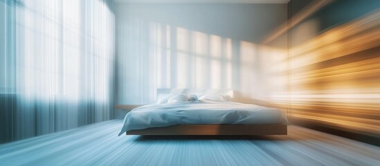 Poster - Tranquil abstract blur of a modern bedroom interior conveying serenity and elegance for a calming atmosphere and decorative purposes