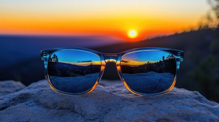 Wall Mural - Stylish Sunglasses Reflecting Vibrant Sunset Over Scenic Landscape