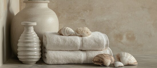 Poster - Serene bathroom decor featuring cockleshells plush towels and a ceramic bottle for a calming coastal ambiance