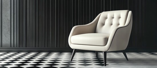 Poster - Modern elegant armchair on contrasting black and white tiled floor with stylish wall paneling for interior decor inspiration
