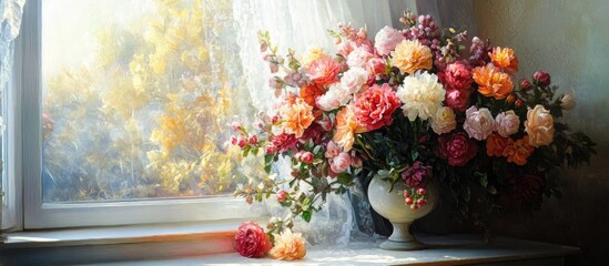 Poster - Charming indoor floral arrangement by a sunlit window creating a warm and inviting atmosphere in a cozy room