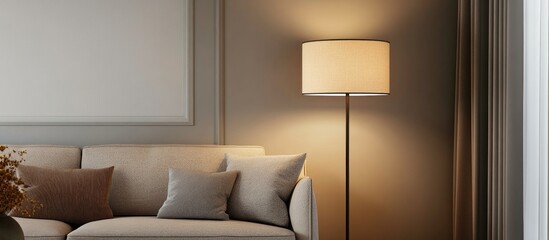 Poster - Modern beige floor lamp enhancing contemporary living room ambiance with soft lighting and stylish design elements.