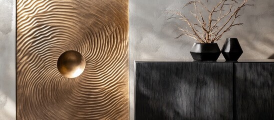 Poster - Stylish cabinet with detailed interior design elements beside a textured wall highlighting modern decor aesthetics