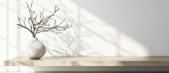 Poster - Minimalist vase with elegant branches on wooden table in bright white room showcasing modern interior design and natural aesthetics