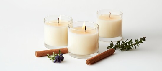 Poster - Serene candles with wooden wicks and soft natural accents displayed on a minimalist white background ideal for a tranquil ambiance