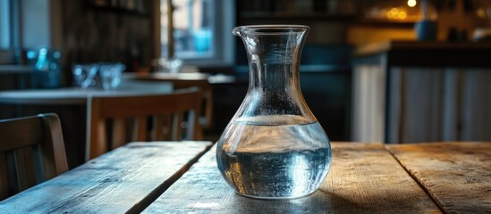 Poster - Elegant carafe of water on wooden table in warmly lit dining space ideal for intimate gatherings and cozy atmospheres
