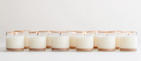 Poster - Elegant wooden wick candles on a soft white background ideal for enhancing serene and calming home decor ambiance