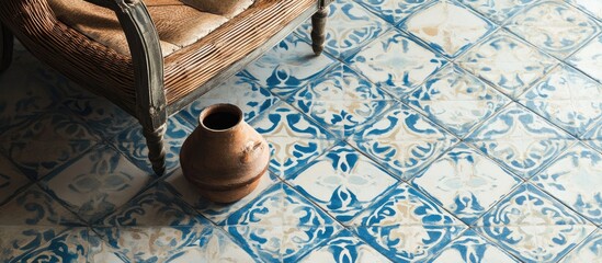 Poster - Elegant ceramic tile with detailed blue patterns suitable for interior design and home renovation projects