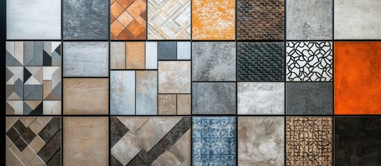 Poster - Modern ceramic tile designs for stylish home decor featuring diverse patterns and textures in a contemporary layout.