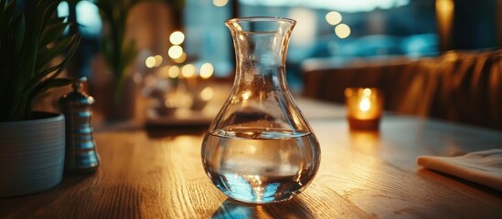 Poster - Elegant glass carafe of water beautifully placed on rustic wooden table in atmospheric dining space with warm candlelight ambiance