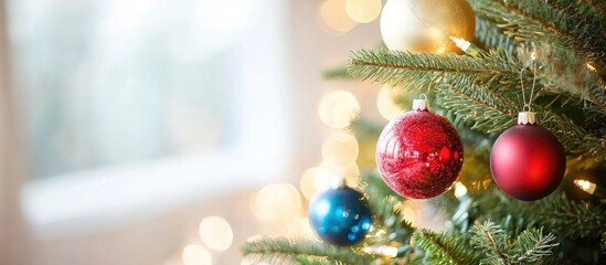 Poster - Elegant Christmas tree with vibrant ornaments shimmering against a dreamy blurred festive background glowing with warm holiday lights