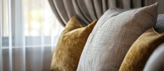 Poster - Textured curtains and pillows in a cozy living room setting ideal for interior design inspiration and enhancing home decor elegance