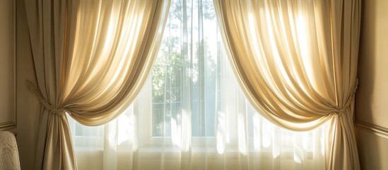 Poster - Elegant draped curtains in a sunlit living room enhancing the serene atmosphere of interior decoration and natural lighting