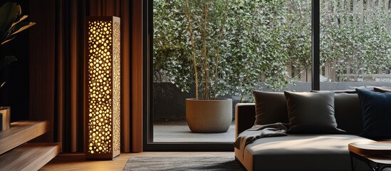 Poster - Sleek modern standing lamp with intricate design illuminating contemporary living space with stylish decor and natural light elements