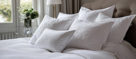 Poster - Cozy bedroom featuring elegant decorative pillows arranged on a stylish bed with serene natural light and soft color palette