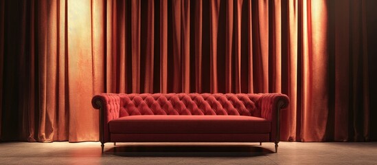 Poster - Elegant empty sofa against stylish backdrop showcasing modern interior design and rich textured curtains in warm tones.
