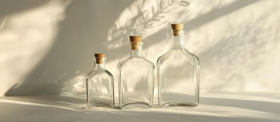 Poster - Elegant glass bottle trio with cork stoppers casting soft shadows ideal for product photography and home decor inspiration