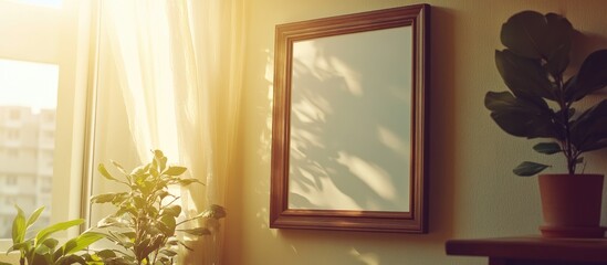 Poster - Elegant empty photo frame by a sunlit window with plants for stylish mockup displays in home decor photography.