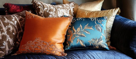 Poster - Luxurious fabric samples displayed on decorative pillows highlighting rich textures perfect for sofa enhancement and customization options.