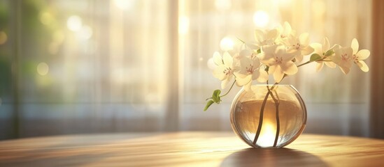 Poster - Elegant home decor with soft tones and floral accents creating a serene contemporary interior ambiance in a softly blurred background.