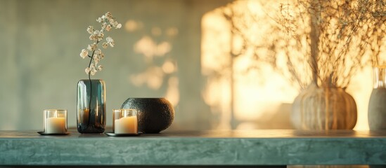 Poster - stylish interior decor with candles and vases creating a warm contemporary ambiance in a softly blur