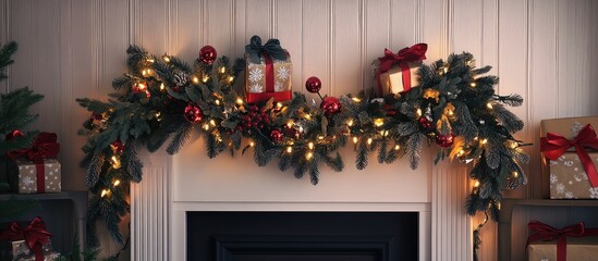 Poster - Elegant holiday garland with twinkling lights and festive gifts enhancing cozy home decoration for a warm seasonal ambiance