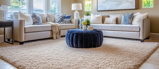Poster - Contemporary living room design with plush beige carpet and cozy sofas showcasing elegant and inviting interior decor inspiration