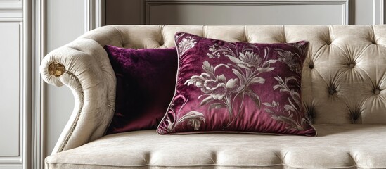 Poster - Luxury decorative pillows on a sophisticated tufted sofa enhancing elegance and comfort in a contemporary living room setting