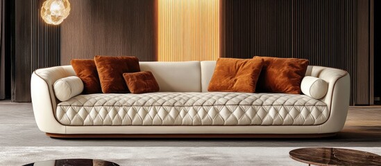 Poster - Elegant luxury sofa with decorative pillows in a contemporary living room showcasing modern design and comfort elements