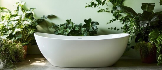 Poster - Contemporary ceramic bathtub nestled in lush greenery with light green wall creating a serene bathroom oasis for modern designs