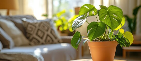 Poster - Charming potted plant enhancing the serenity of a cozy bedroom with natural greenery and warm sunlight streaming through the window