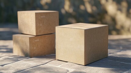 Poster - Flat lay of three cardboard boxes stacked outdoors with natural lighting and one box slightly out of focus creating depth and texture