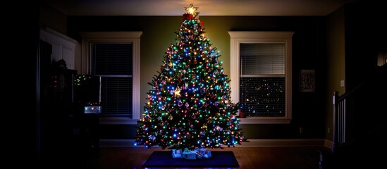 Fototapete - Festive Christmas tree illuminated with vibrant lights and colorful ornaments creating a warm holiday atmosphere in a cozy living room setting