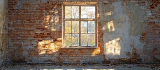 Poster - Old brick wall with a large window casting natural light, creating an inspiring atmosphere for creative work or interior design projects.