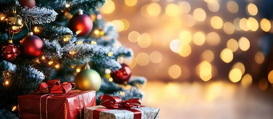 Fototapete - Cozy living room with a beautifully decorated Christmas tree adorned with colorful ornaments and festive wrapped gifts under warm holiday lights