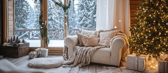 Fototapete - Cozy holiday living room with Christmas tree and soft snowfall creating a warm festive ambiance perfect for seasonal greetings