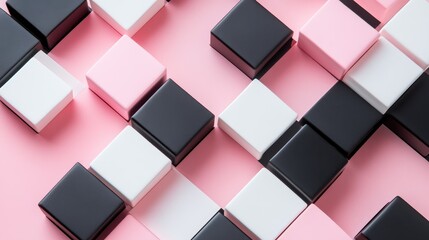 Poster - Stylish flat lay of black pink and white cubes on a pink background representing a modern design concept and creativity in abstract art