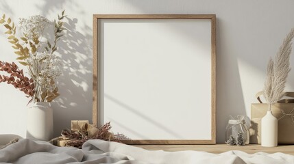 Wall Mural - Empty Wooden Frame Mockup Surrounded by Seasonal Decor for Artistic Display and Home Styling