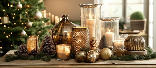 Fototapete - Elegant festive home decor with candles and ornaments creating a warm New Year and Christmas celebration ambiance for joyful gatherings