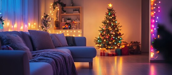Fototapete - Cozy Christmas living room decorated with vibrant lights and a beautifully adorned tree creating a warm holiday atmosphere