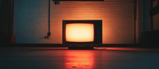 Poster - Vintage television casting warm light in a contemporary dimly lit room with white brick walls showcasing modern interior design elements