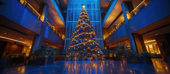 Fototapete - Festive illuminated Christmas tree adorned with colorful ornaments creating a joyful holiday atmosphere in a modern interior setting